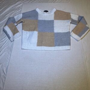 Patchwork Crewneck Sweater - White, Gray, Tan